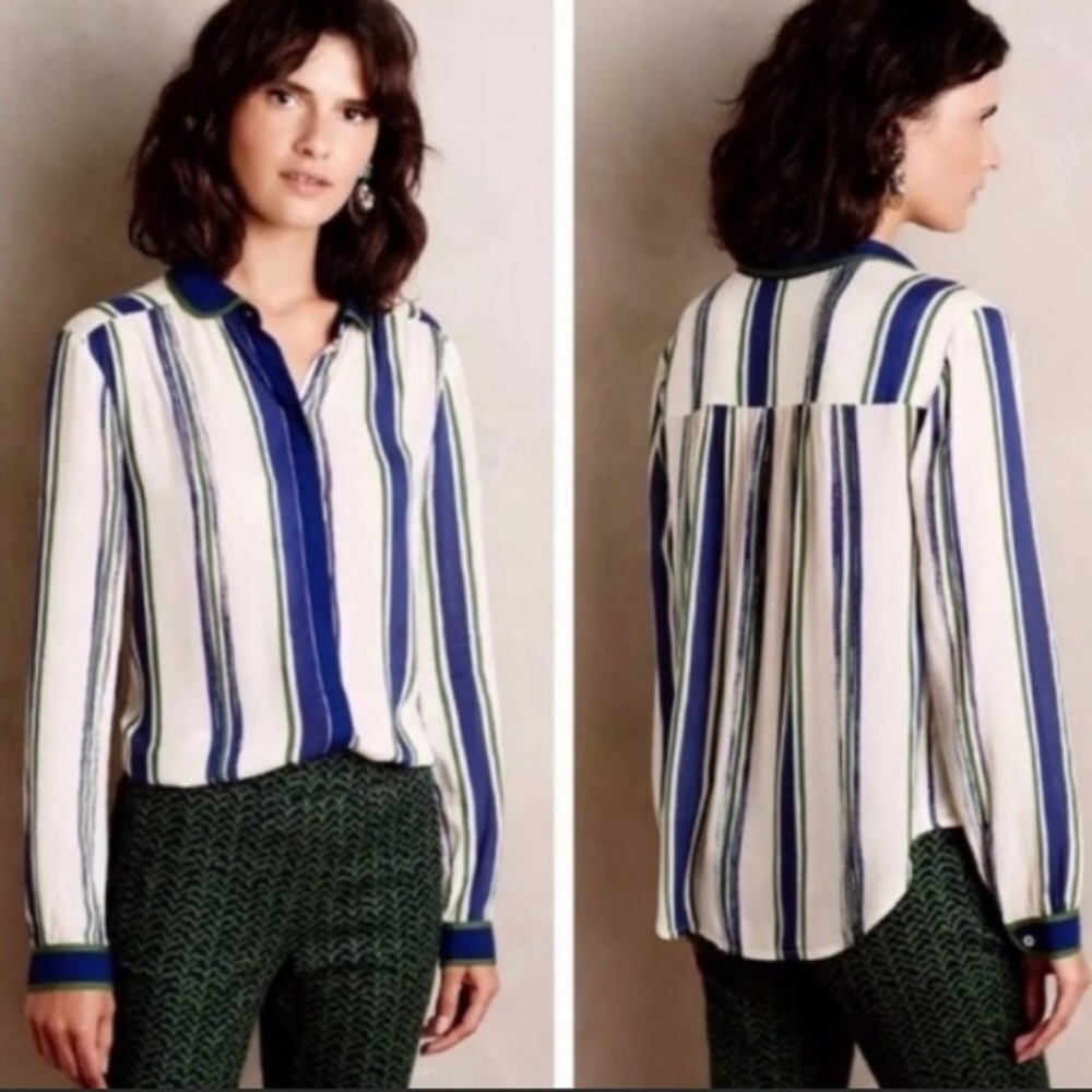 Anthropologie Maeve Green and Blue Striped Shirt